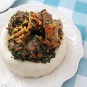 A bowl of Efo riro soup with fufu
