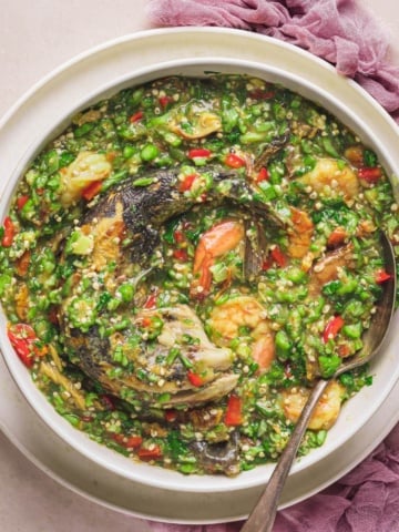 Nigerian okro soup in a wide bowl.