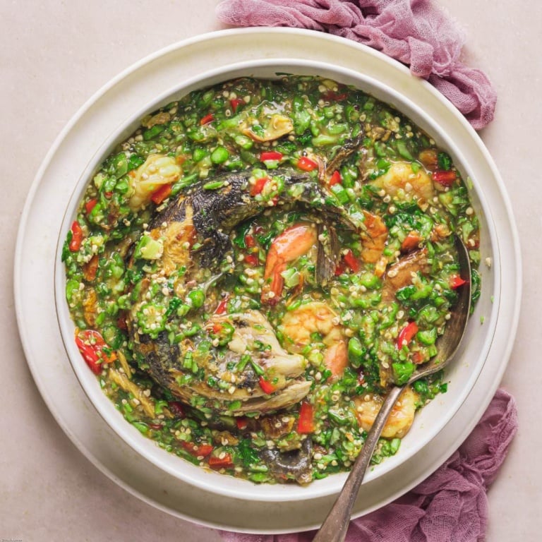 Nigerian okro soup in a wide bowl.