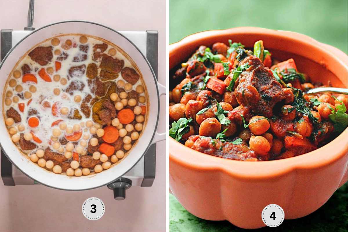 Adding the chickepea and coconut milk to the pot, and showing the cooked goat stew in a bowl.