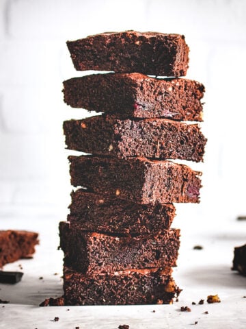 A stack of Double chocolate Zucchini & beets Fudgy brownie