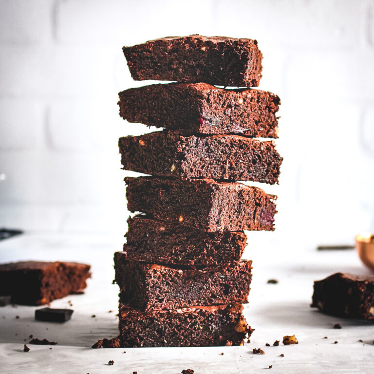 A stack of Double chocolate Zucchini & beets Fudgy brownie