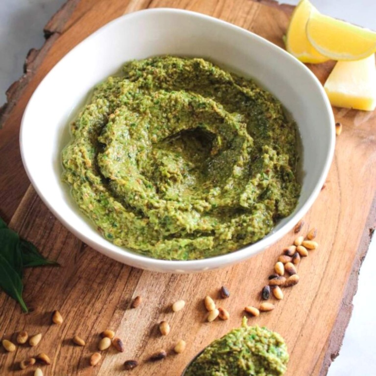 asparagus and basil made into a pesto in a small bowl.