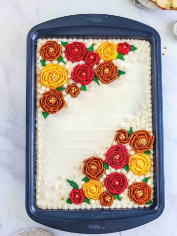 apple-pumpkin sheet cake with maple buttercream frosting