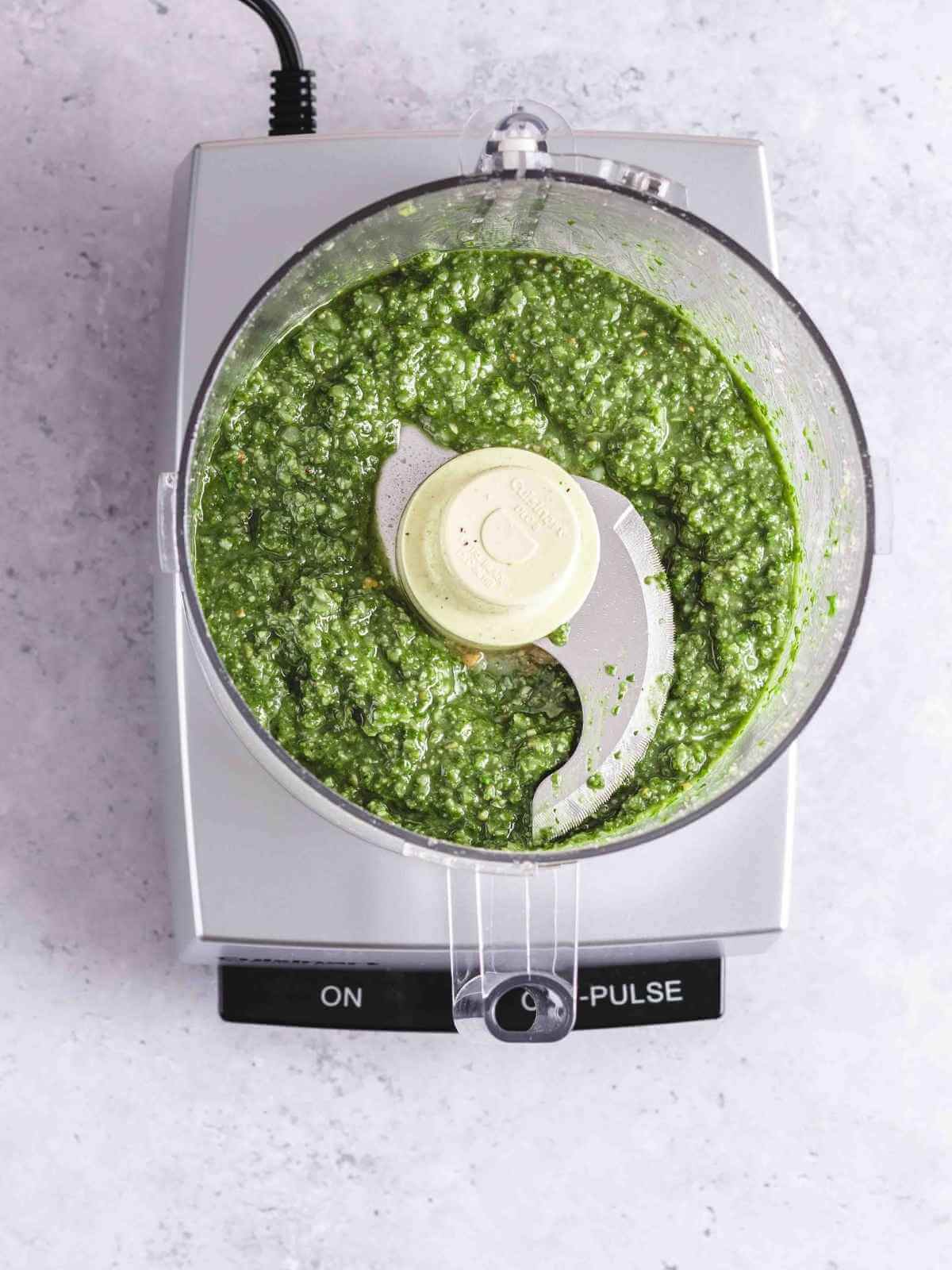 Pesto in a food processor.