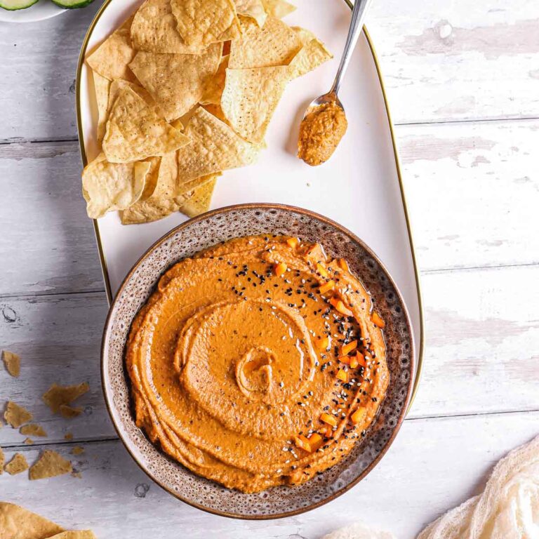 top down view of hummus in a bowl
