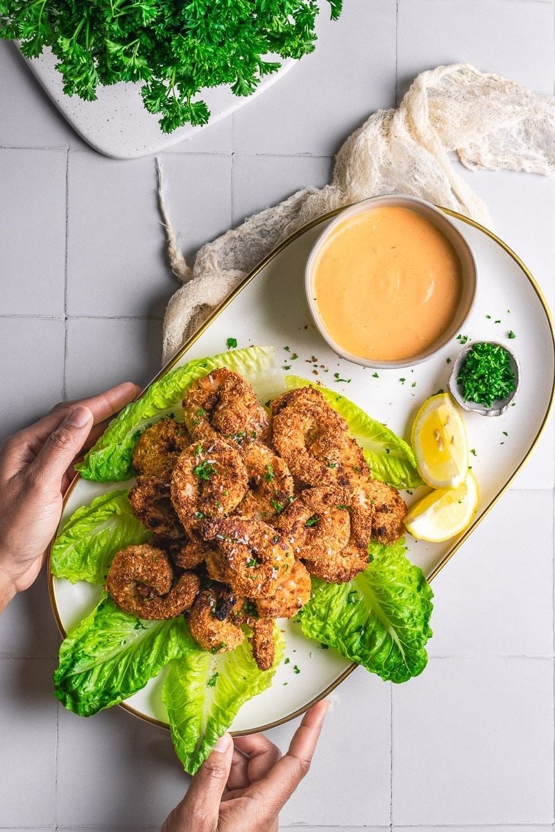 a serving of coconut breaded shrimp made in an air fryer