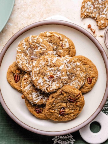 coconut pecan cookies on a serving tray.