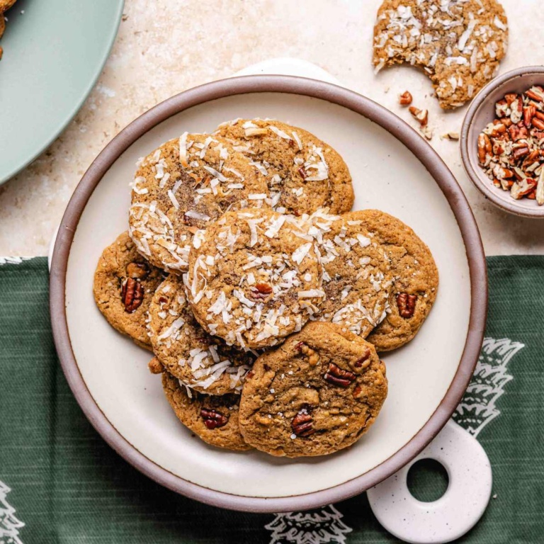 coconut pecan cookies on a serving tray.