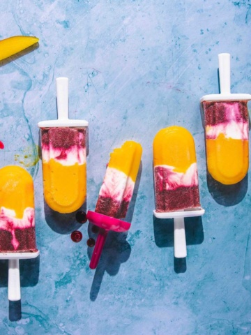 cherry mango popsicles with yogurt and honey.