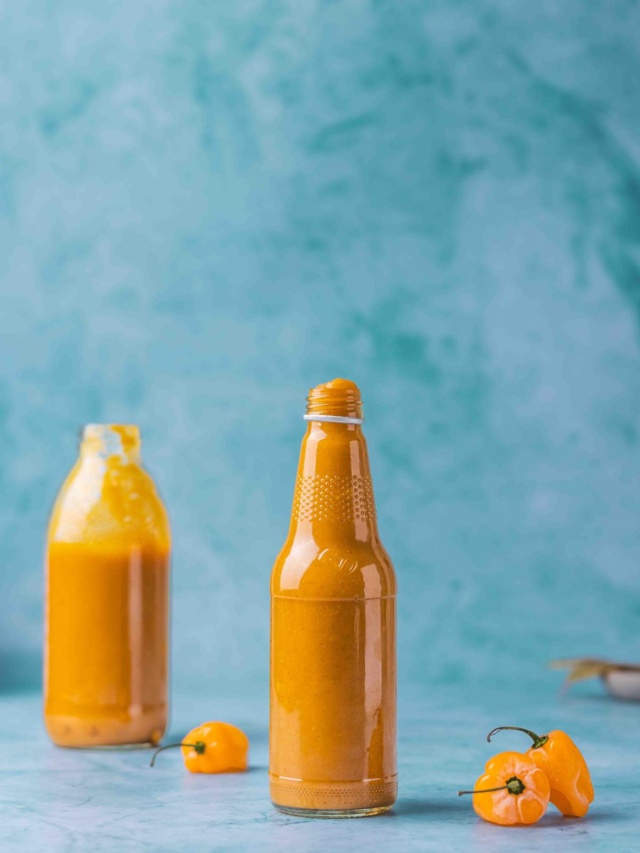 Sweet and spicy mango habanero sauce in a bottle.