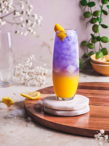 gin and orange juice in a tall glass garnished with lemon rind.