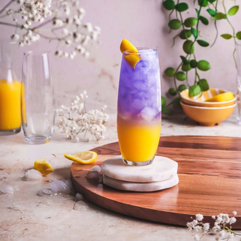 gin and orange juice in a tall glass garnished with lemon rind.