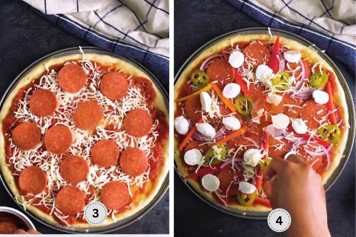 Adding pepperoni and cheese over pizza dough with sauce.