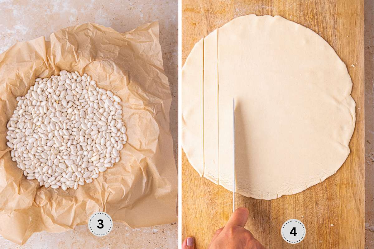 Par-baking the crust then cutting out lattice strips.