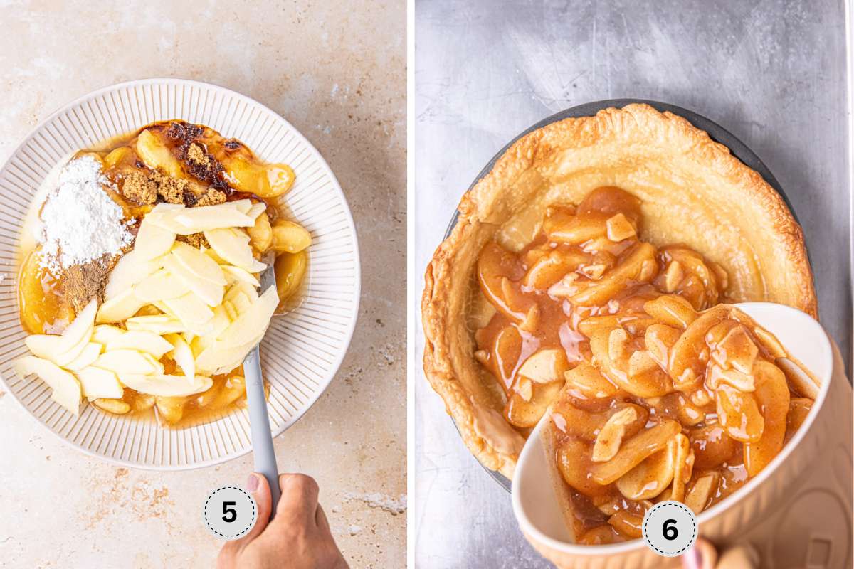 Combining the apple filling and pouring it into the par baked pie crust.