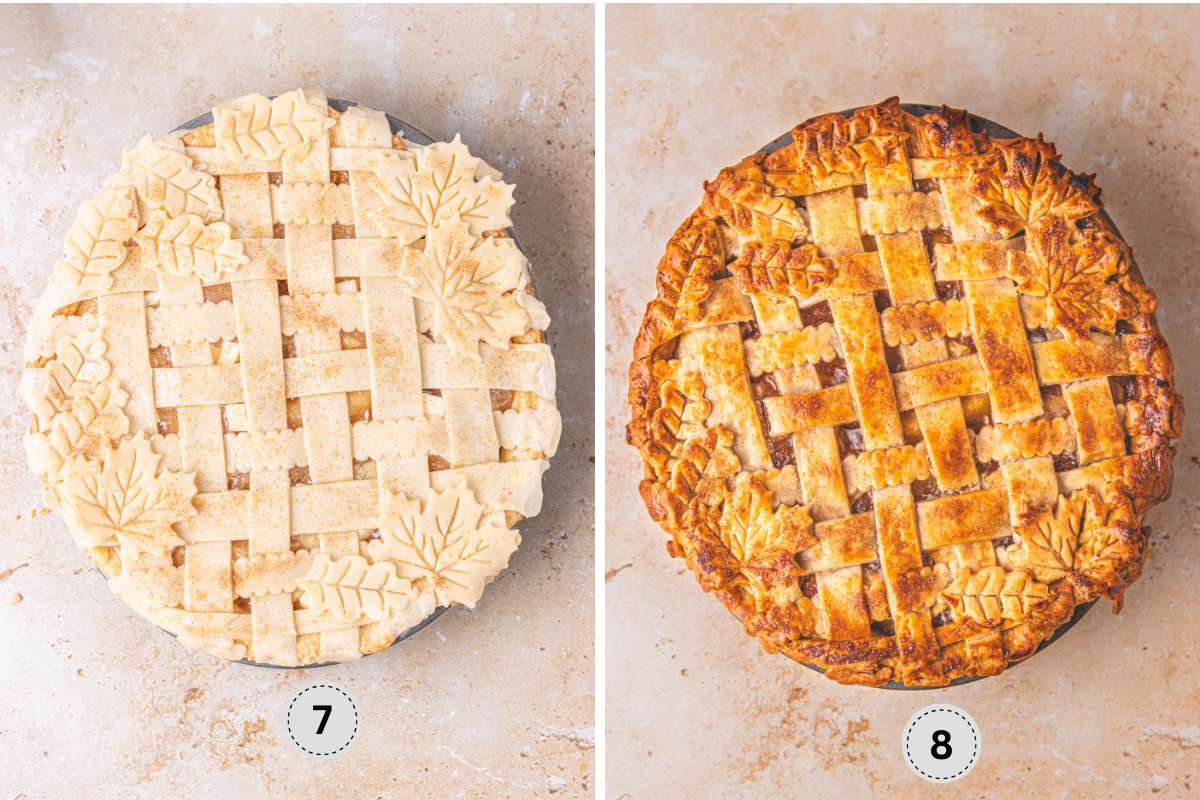 Sprinkling cinnamon sugar on top pie, then baking until golden brown.