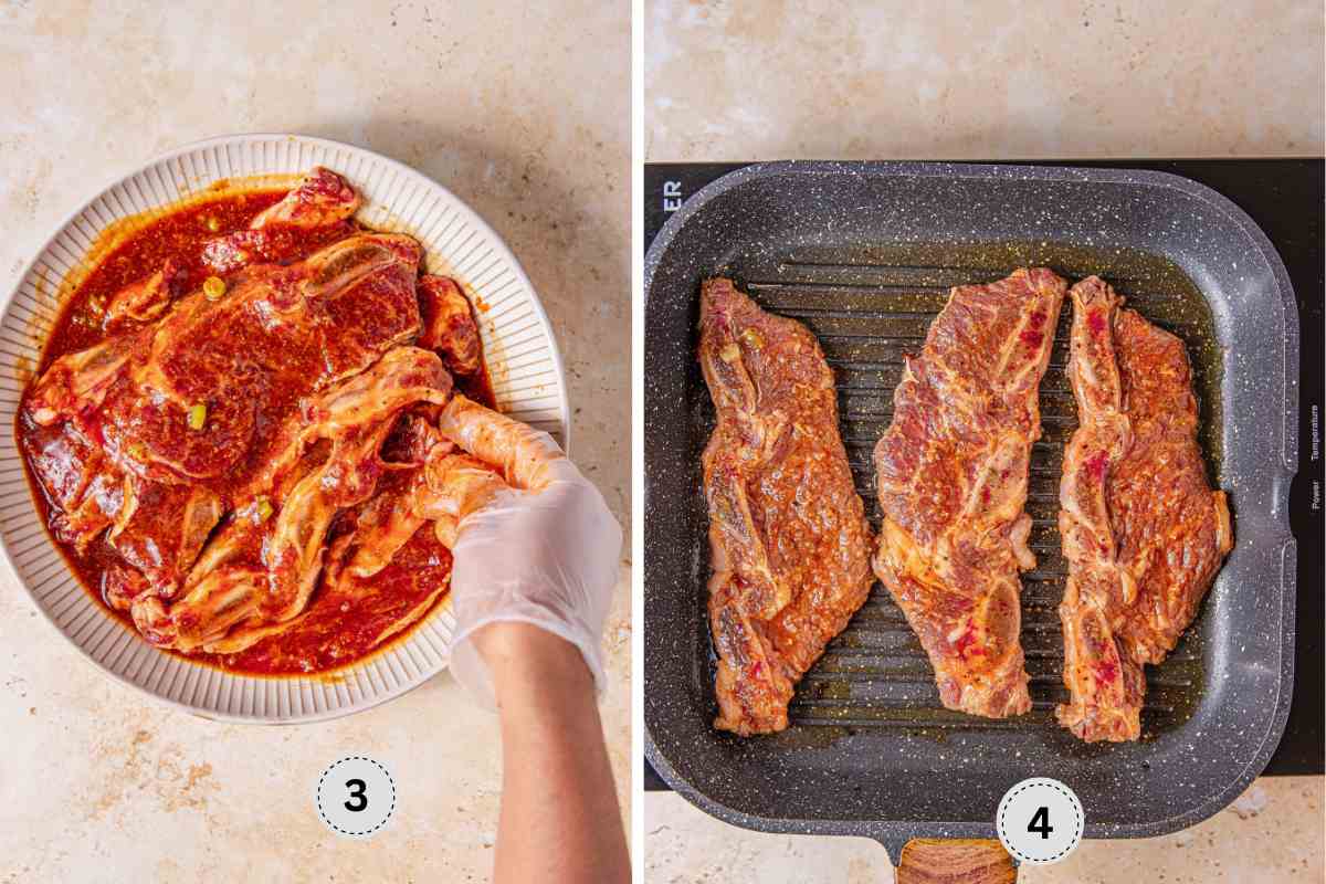 Pouring the marinade over the beef short ribs, then searing on cast iron skillet.