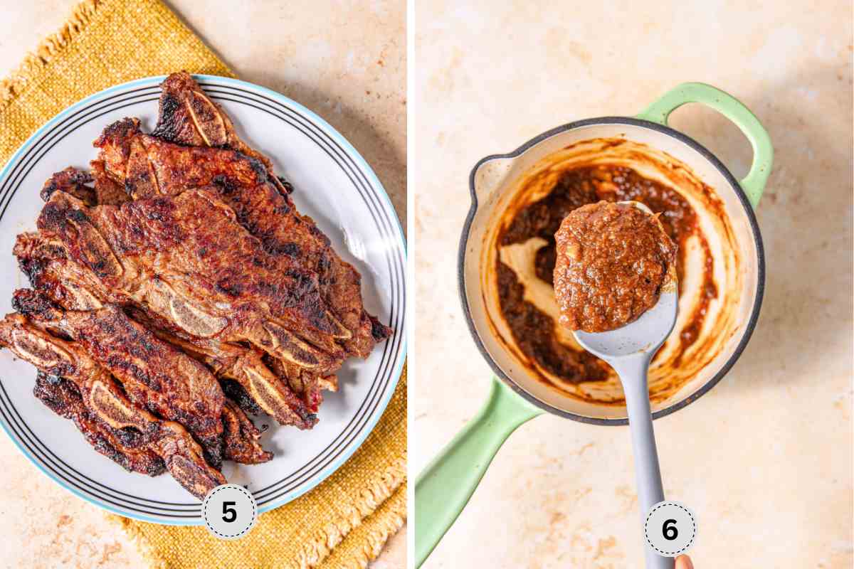 Seared ribs on a wide plate and gently simmered sauce. 