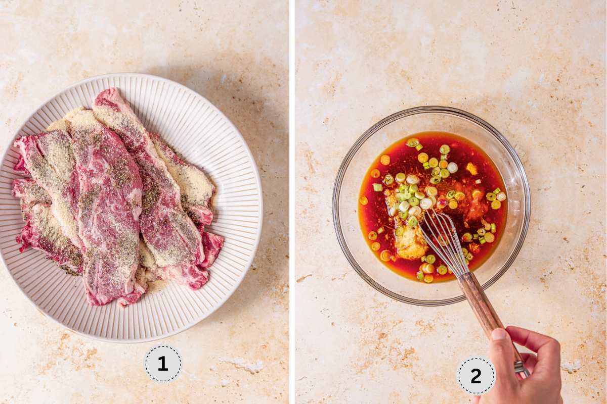 Seasoning the ribs with onion powder and stirring together the liquids needed for the marinade with ginger, green onion, and garlic. 