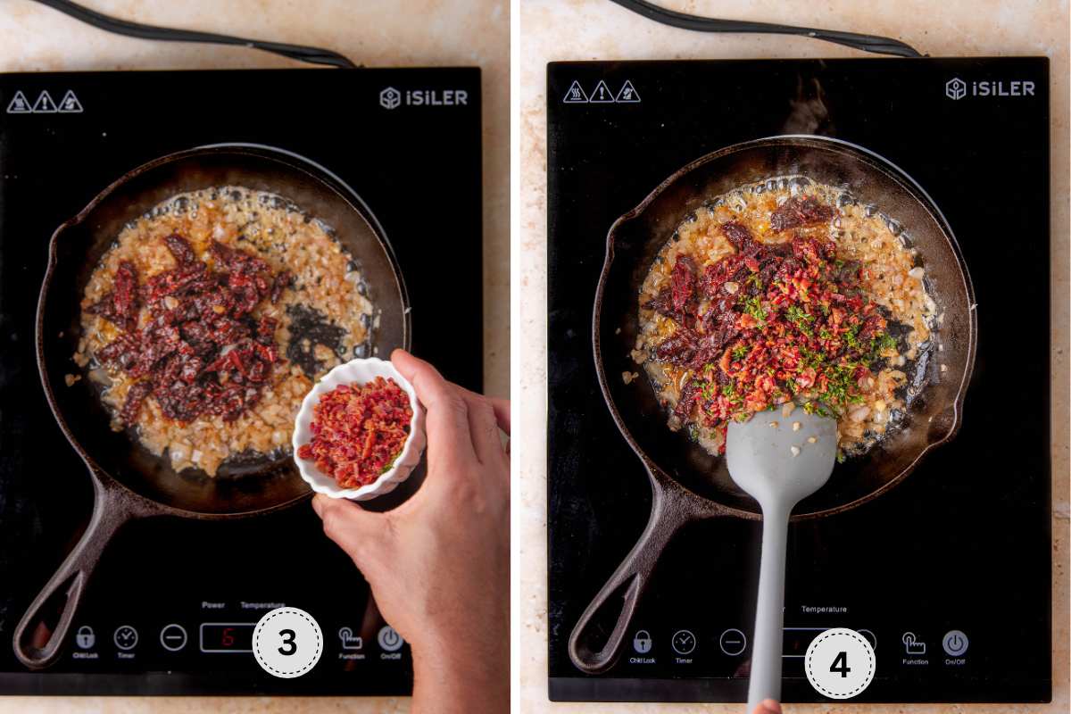 Adding the sun-dried tomatoes and bacon bits.