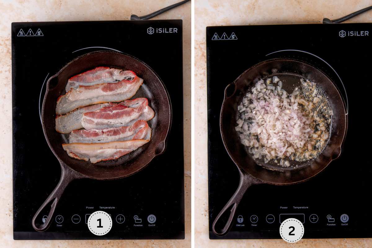 Cooking the bacon and using the fat to sauté the shallots.