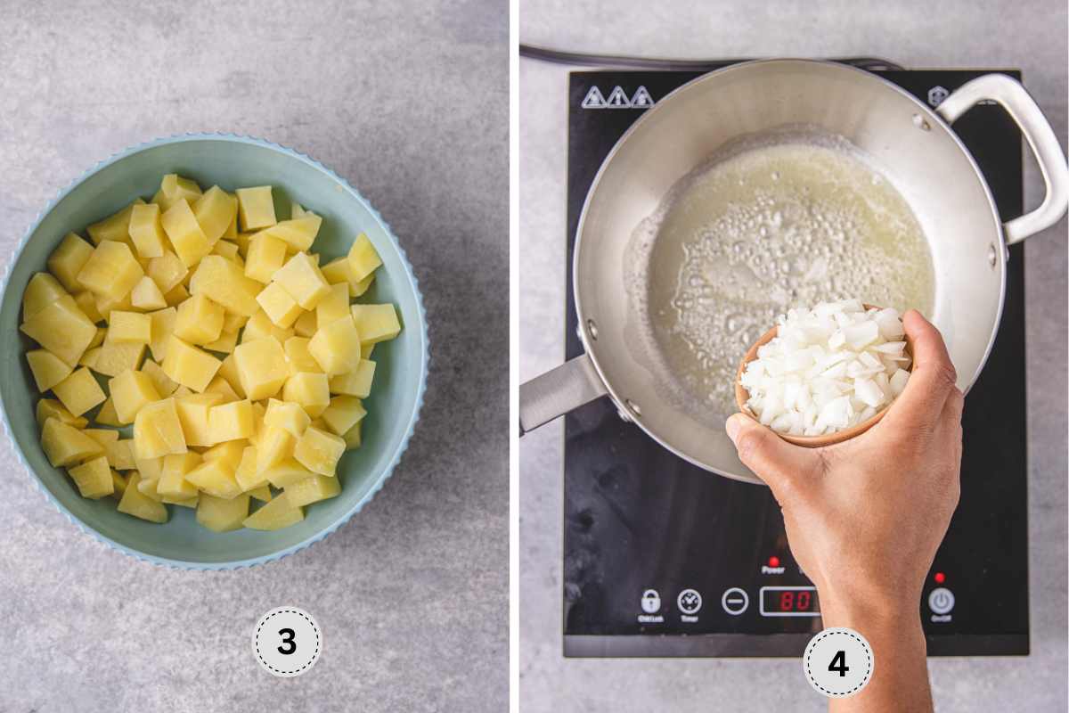 Microwaving the potatoes, then sautéing the onions in butter.