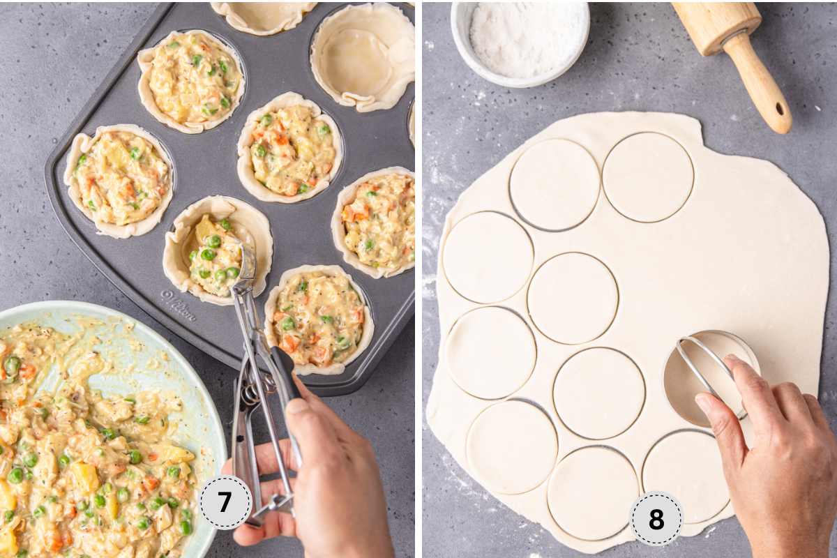 Spooning the filling into the chilled crust, and cutting out rounds for the topping.