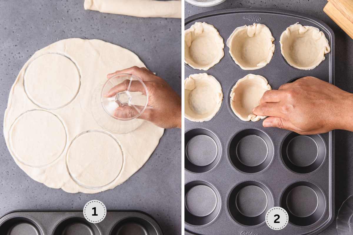 Cutting out crusts from a sheet, then molding it into the muffin tin.