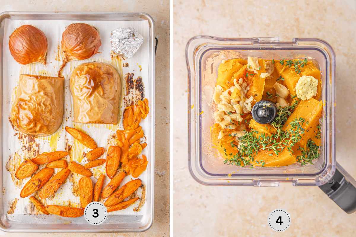 Roasted vegetables on a sheet tray, peeled skin, then added into a blender.
