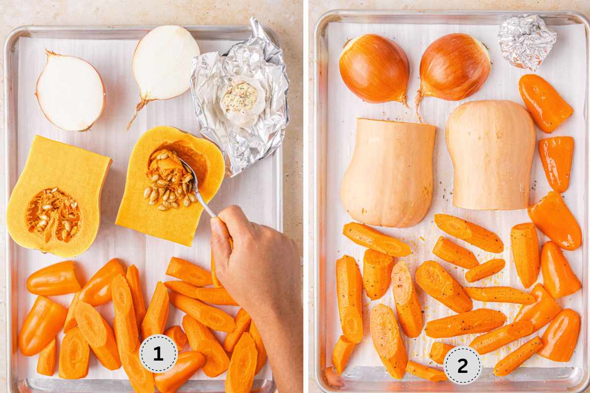 Prepping the squash and the rest of the vegetables before roasting them in the oven.