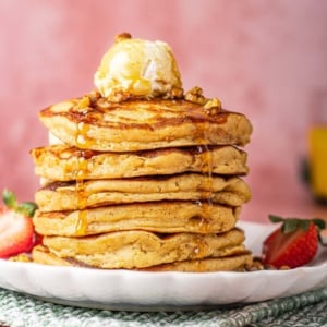 Fluffy oat flour pancakes on a plate.