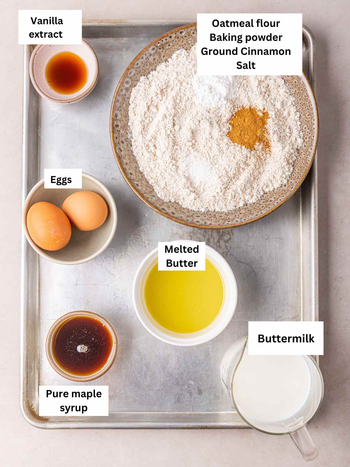 Ingredients needed to make the oatmeal flour pancakes.
