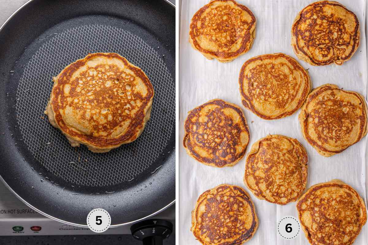 Cooking the pancakes then laying them in a single layer.