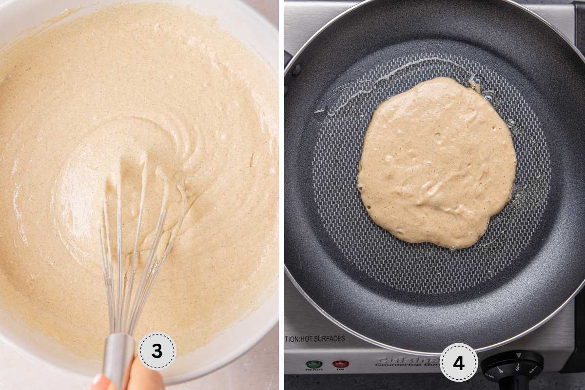 The pancake batter thickened in a bowl.