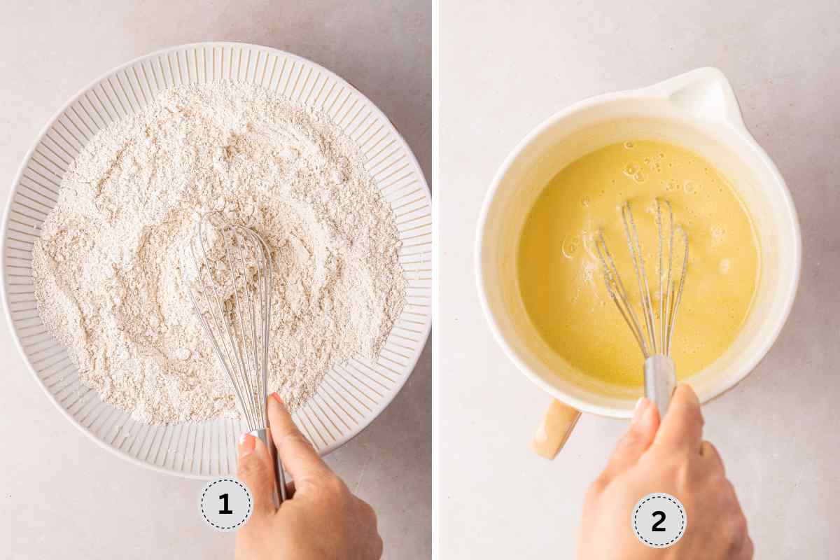 Mixing the dry ingredients in a separate bowl and whisking the eggs and buttermilk.