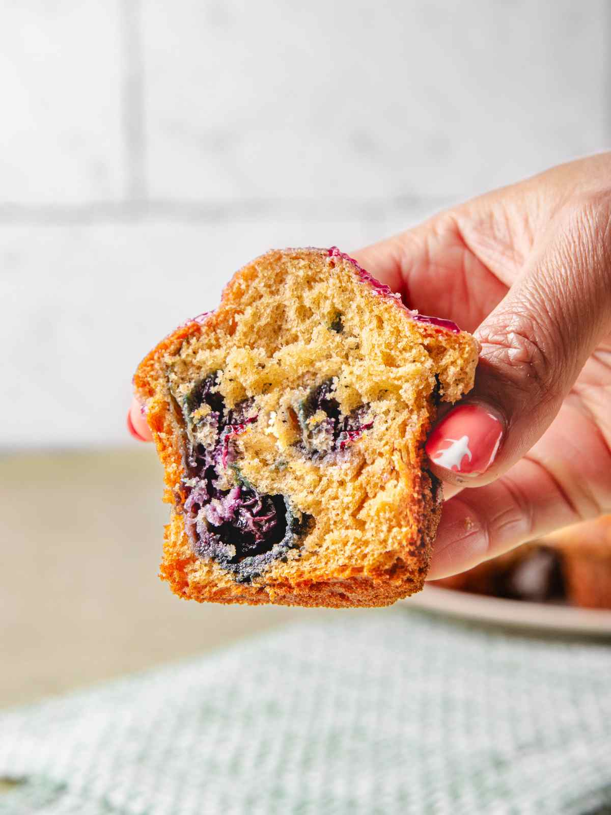 A close up look at the crumb and center of the muffins with cottage cheese.