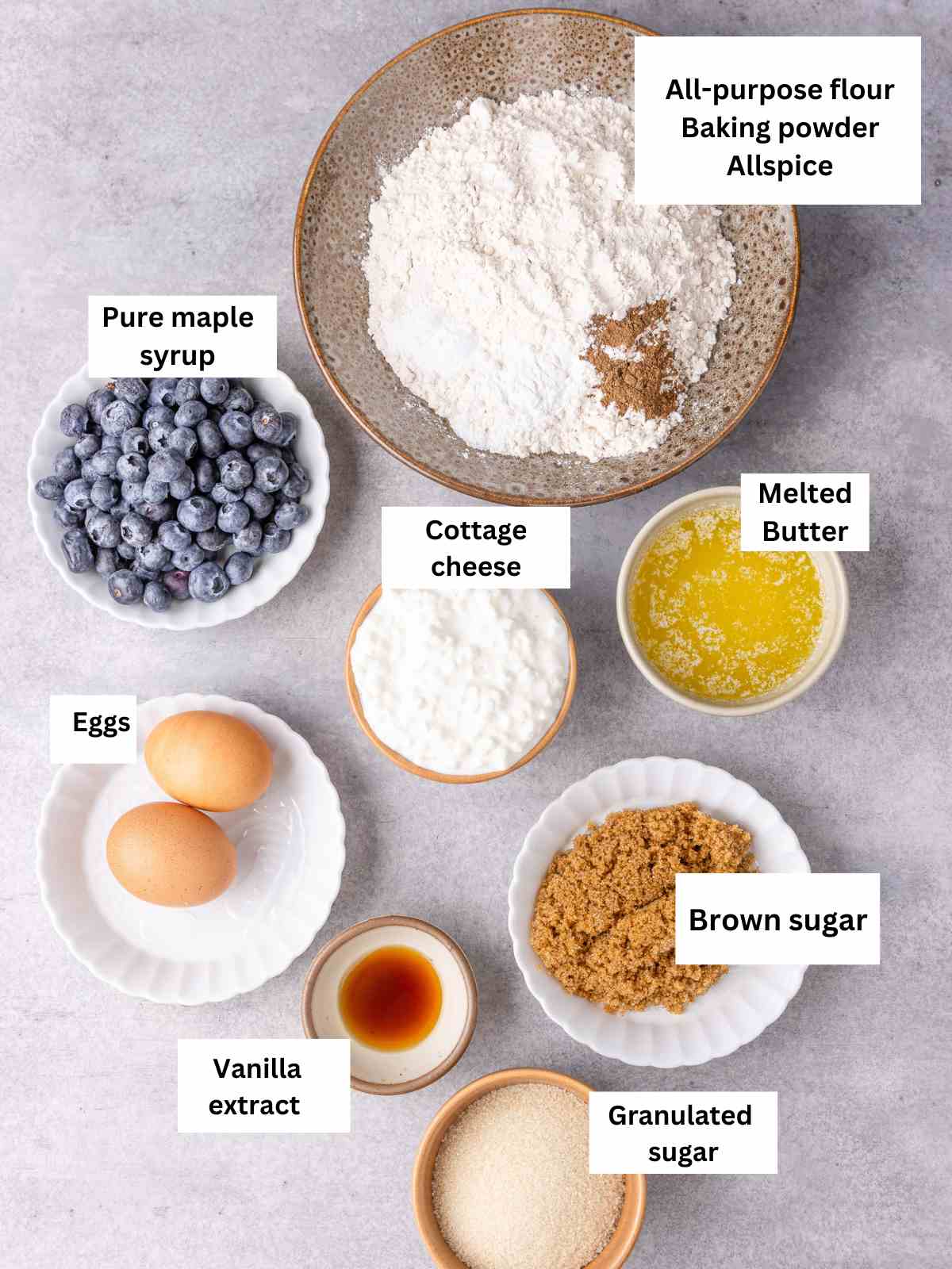 All the ingredients needed to make the cottage cheese muffins.