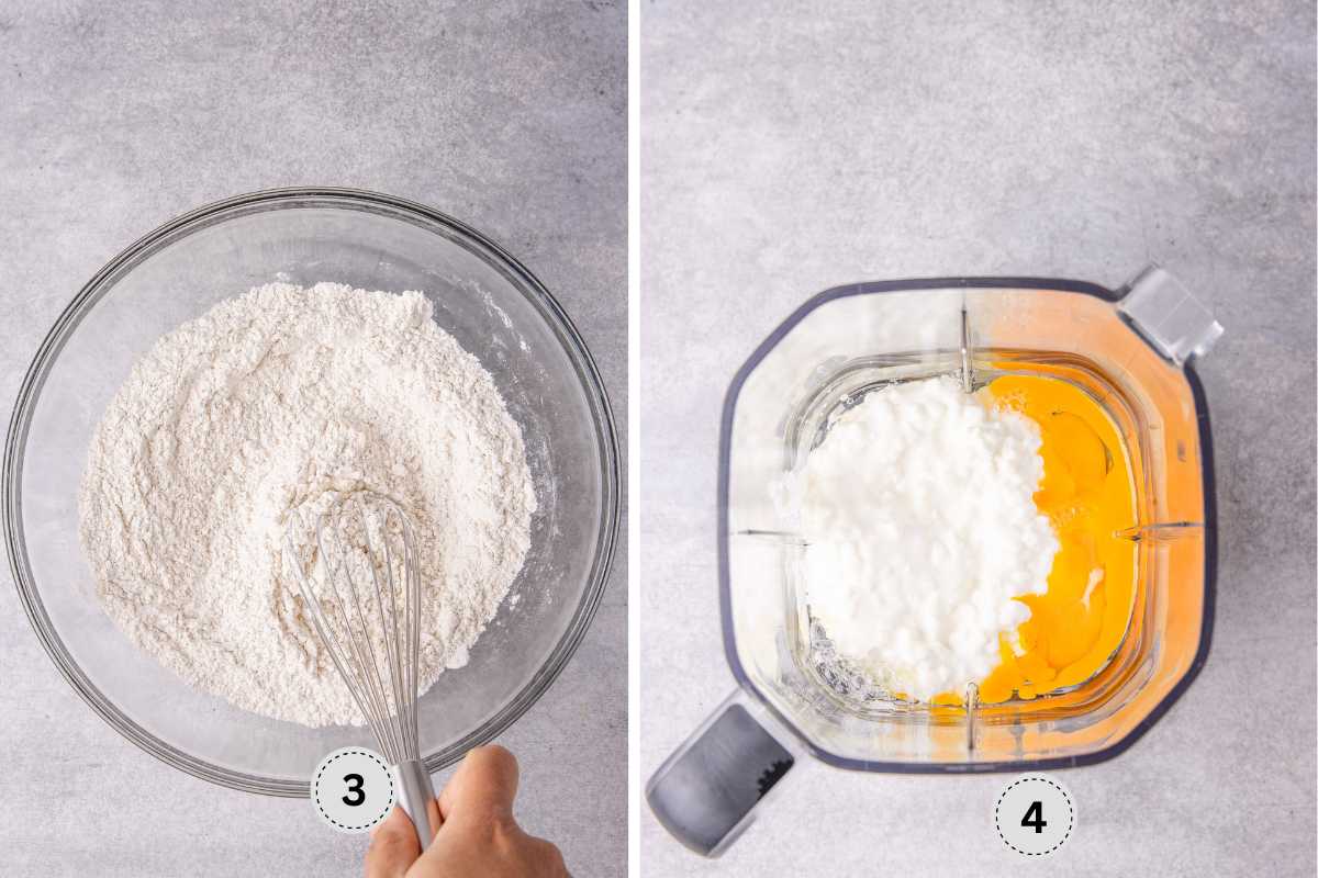 Mixing the dry ingredient, and combining the wet ingredient in a blender.