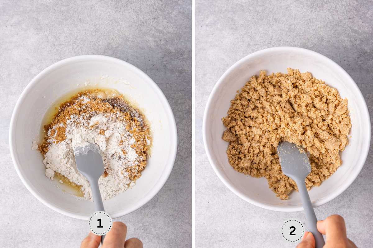 Mixing the crumble topping.