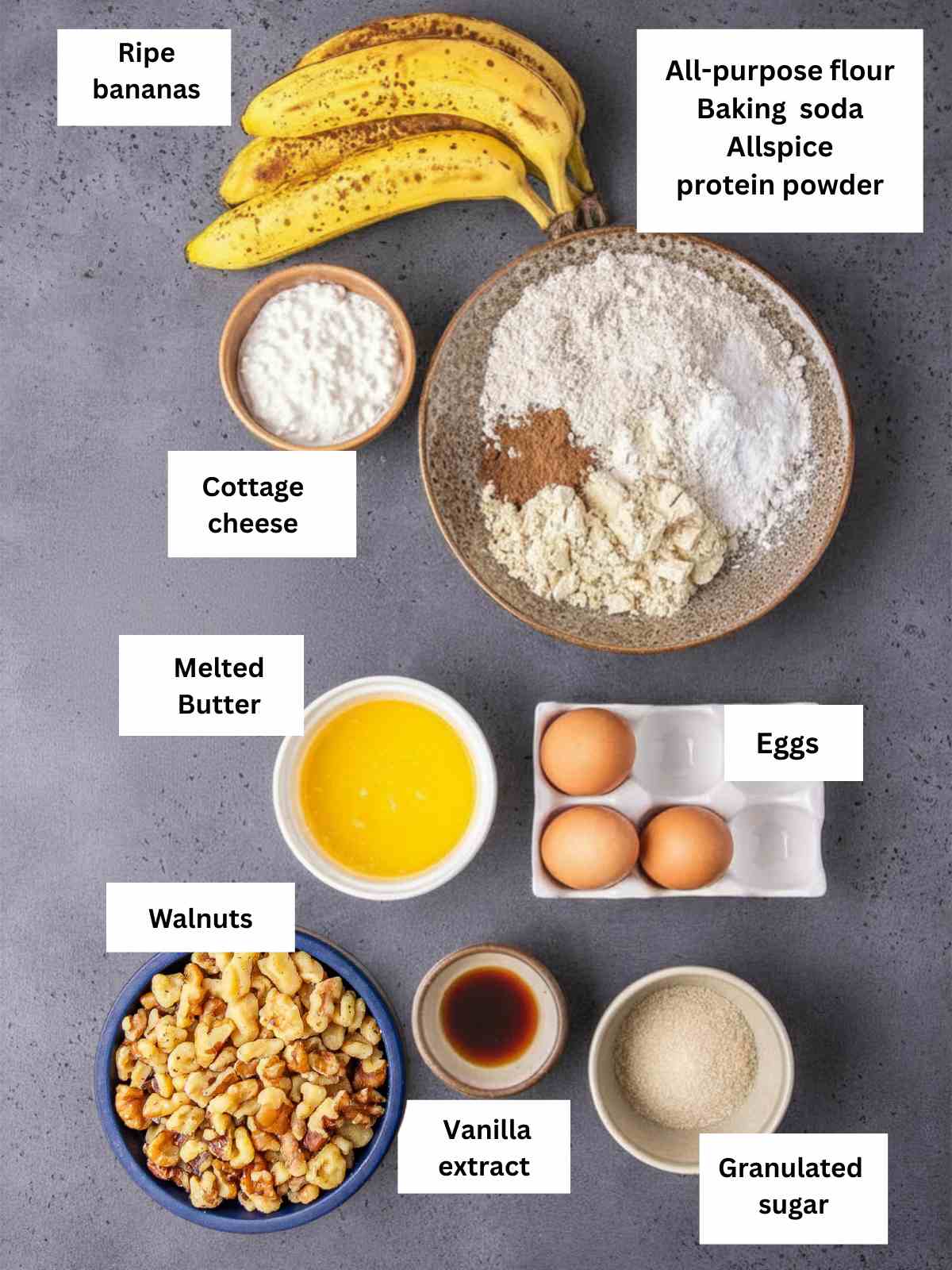 The ingredients needed to make the banana bread recipe.