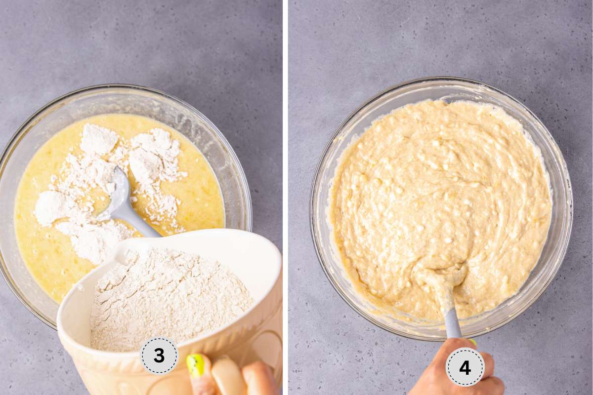 Adding the dry ingredients to the wet ingredients, then giving it a mix.