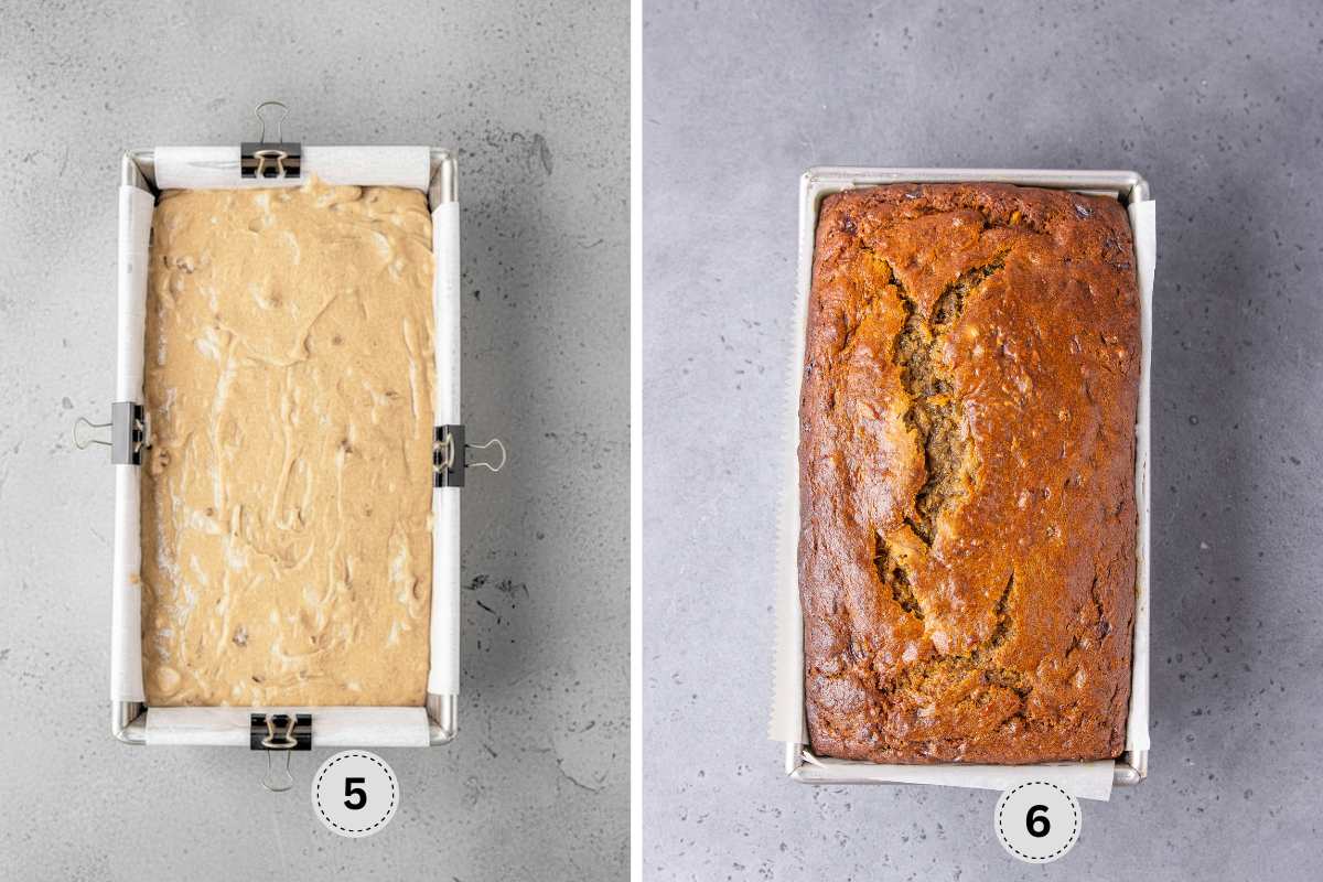 Batter in the lined loaf pan, and baked banana bread.