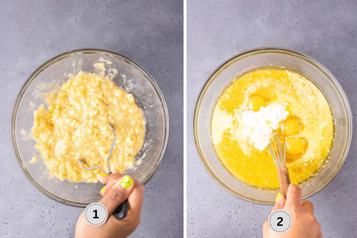 Creaming the banana with sugar, then whisking together the wet ingredients.