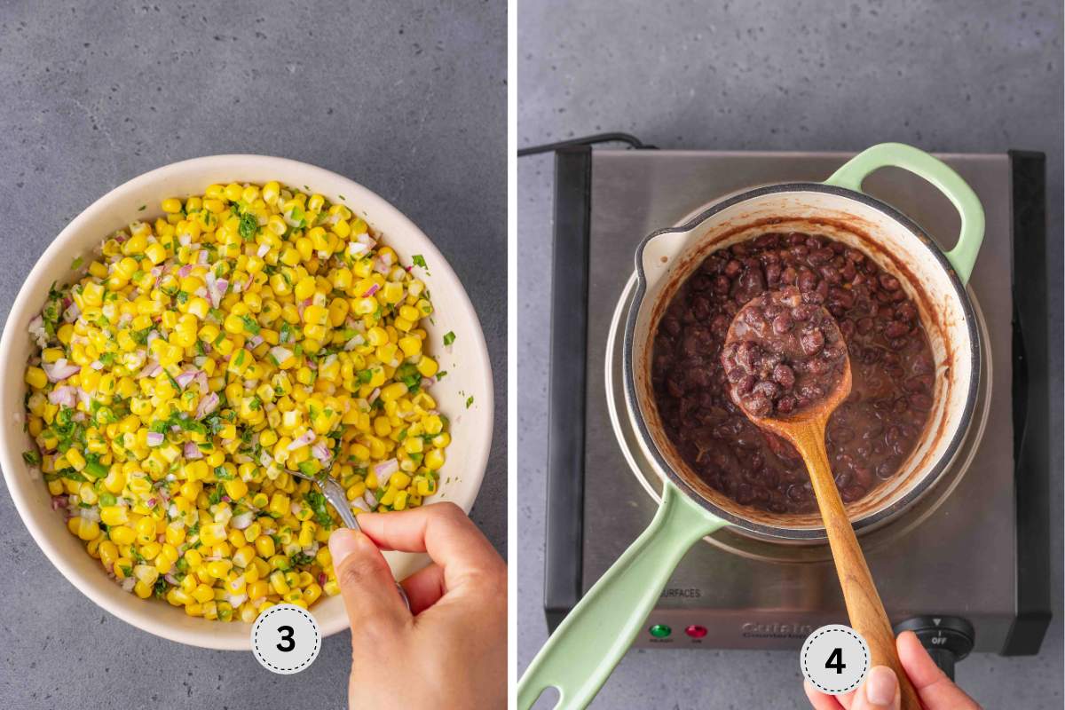 Mixing the corn and cooking the black beans.