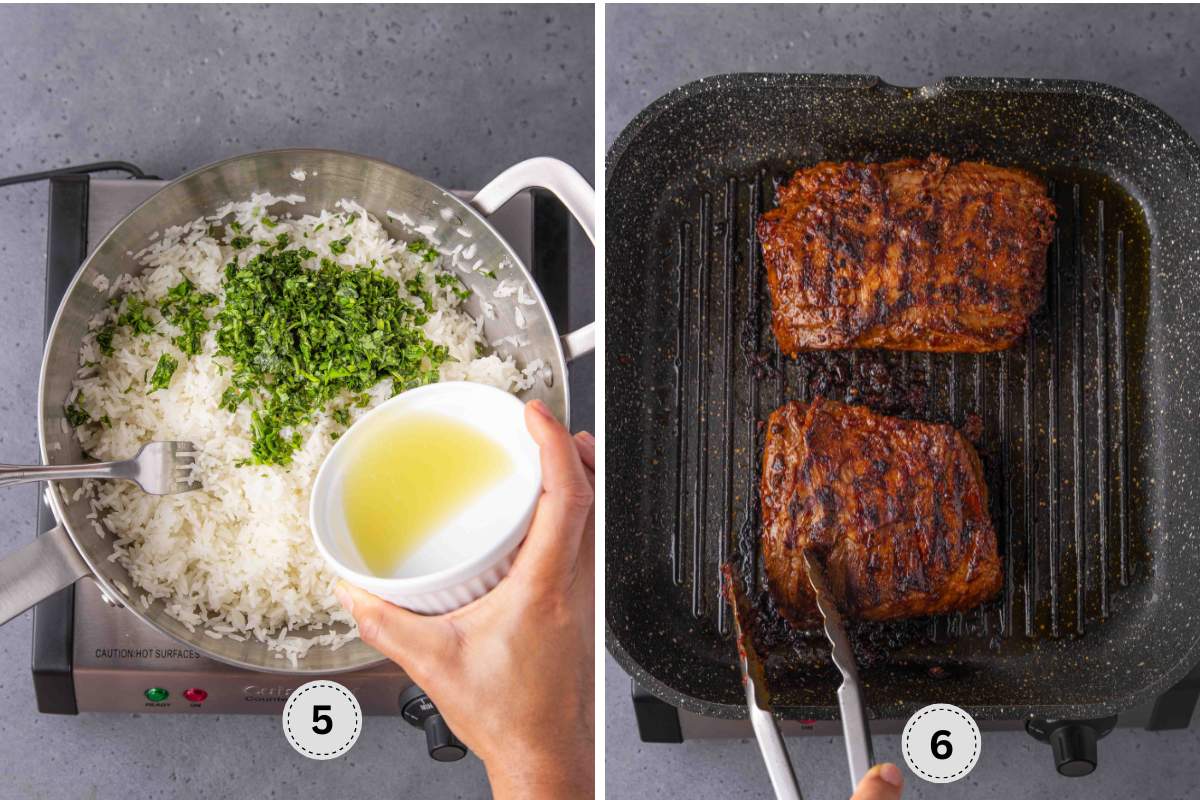 Adding lemon and lime juice into the rice, then searing the steak.