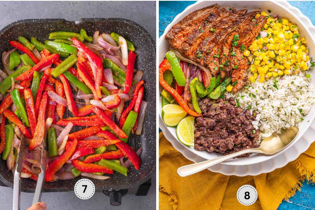 Sautéing the bell peppers, and onion and assembling the bowl.