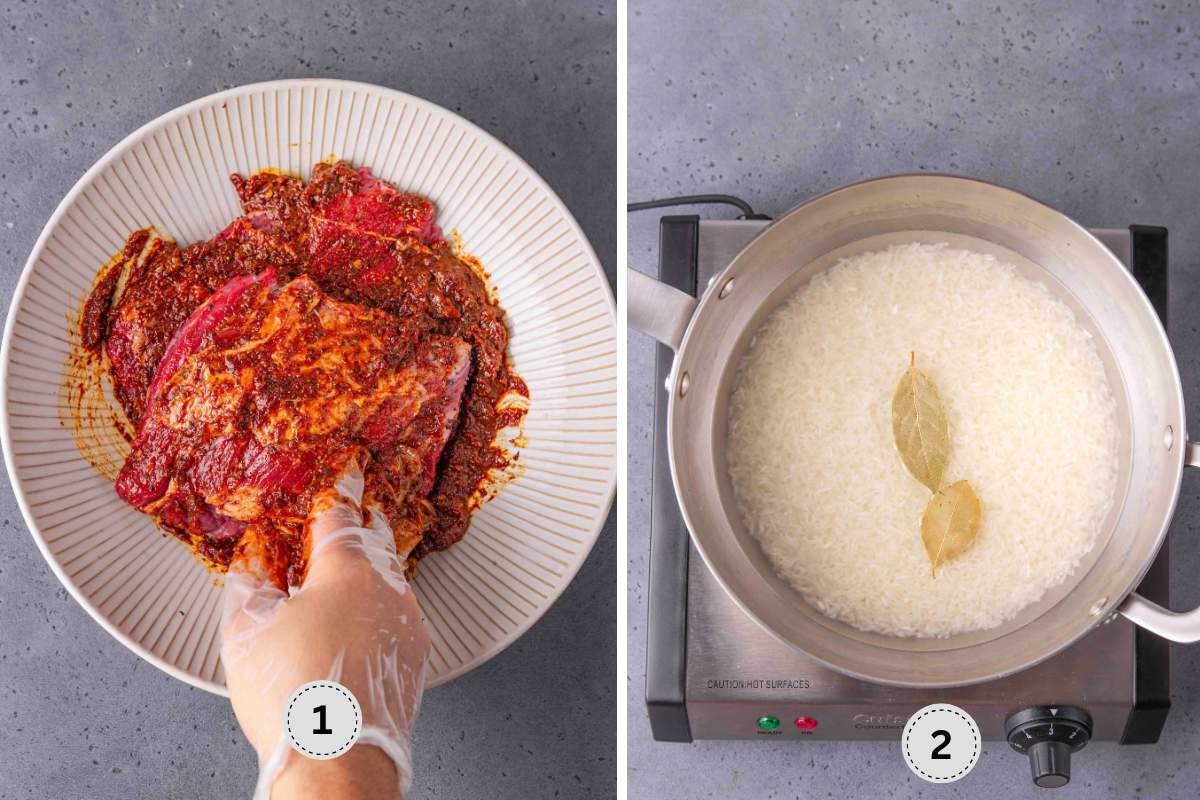 Marinating the steak with chipotle peppers and steaming the rice.