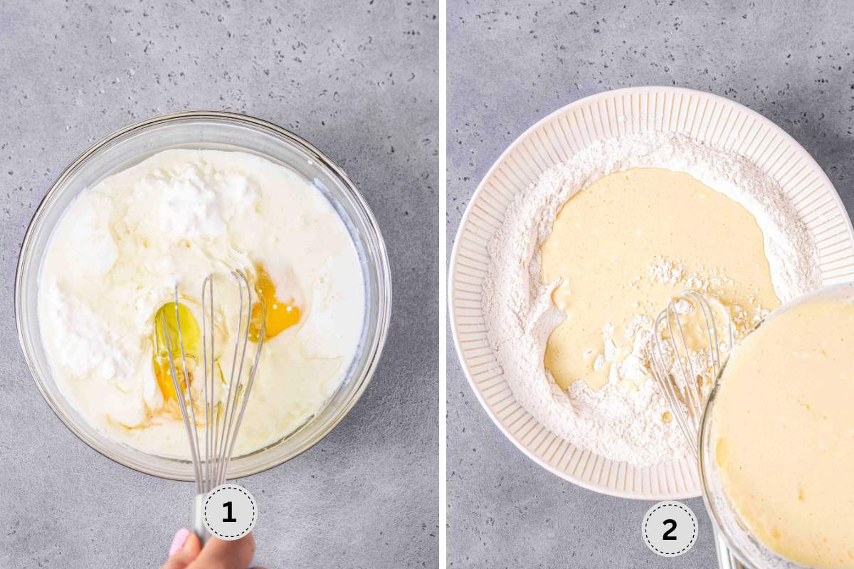 Mixing the wet ingredients then pouring into the dry ingredient bowl.