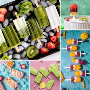 Varieties of easy homemade popsicles recipes on a flat surface.